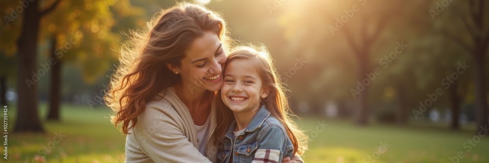 A joyful moment between a mother and her daughter in a sunlit park, capturing the warmth of family love and connection. A joyful moment between a mother and her daughter in a sunlit park, capturing the warmth of family love and connection.