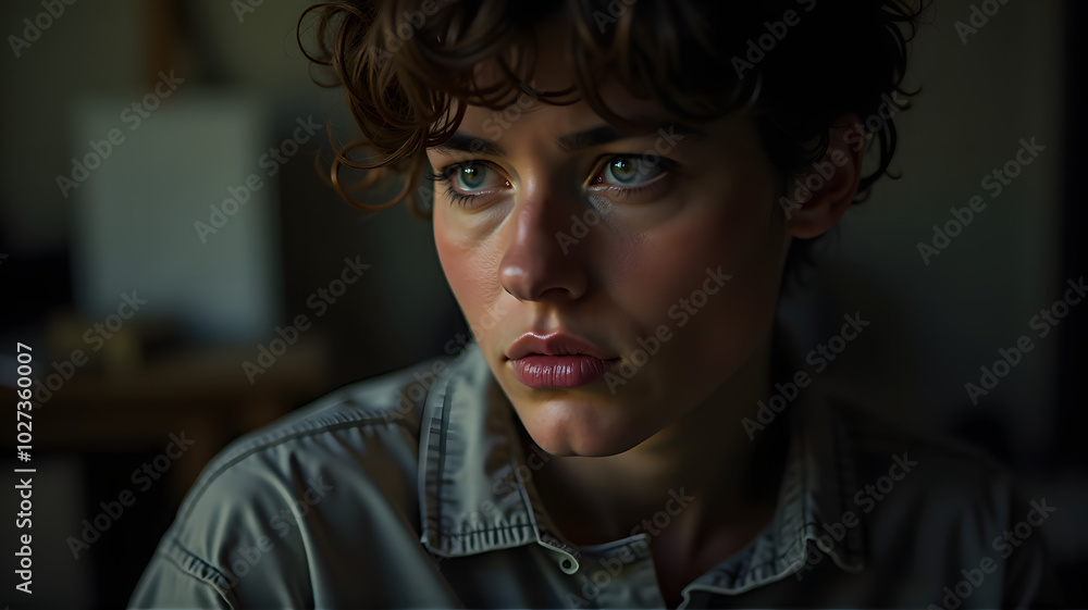 A Moody Portrait of an Artist in Their Studio, Capturing the Depth of Creative Thought A Moody Portrait of an Artist in Their Studio, Capturing the Depth of Creative Thought