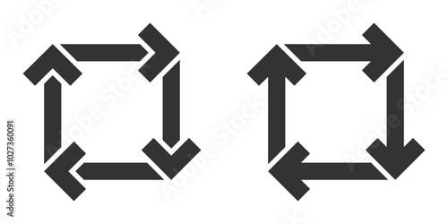 Vector illustration of four rotating arrows forming a square, symbolizing continuous flow, recycling, or process in a geometric, minimal design.