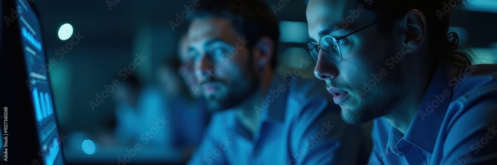Two focused professionals analyze data on screens in a dimly lit office, emphasizing teamwork in technology and analytics. Two focused professionals analyze data on screens in a dimly lit office, emphasizing teamwork in technology and analytics.