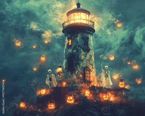 Two skeletons stand on a cliff with a lighthouse in the background, surrounded by glowing jack-o'-lanterns and storm clouds. photo