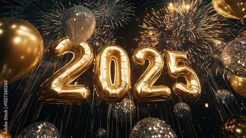 Eleganter Silvester-Hintergrund 2025: Goldene Zahlen, Ballons und Feuerwerk. Festliche Neujahrsstimmung für Grußkarten und Einladungen. Zeitloses Design photo