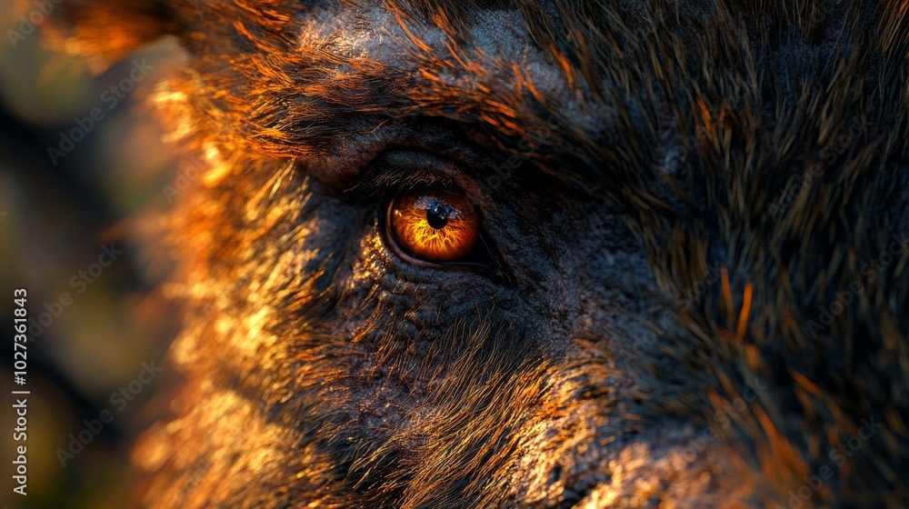 Close-up of a Wild Boar's Eye Glowing in the Sunset Close-up of a Wild Boar's Eye Glowing in the Sunset