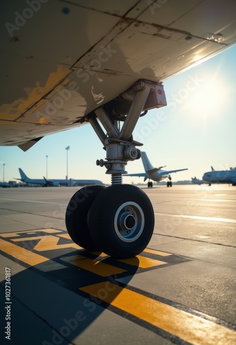 Close-up view of aircraft landing gear on a runway at sunset, highlighting the aviation industry and airport operations. photo