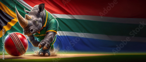 South African Rhino playing cricket, flag background photo