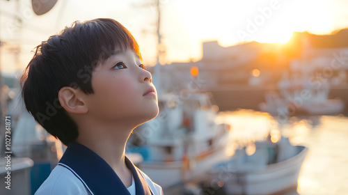 A boy gazing at tあhe sea near a ship photo