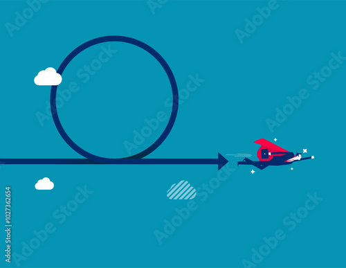Agile methodology in project management. Software development concept. Sprint or dev cycle to release and improve product, scrum process or workflow. Businessman superhero fly with agile cycle.