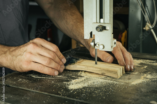 Woodworker using a bandsaw to cut wood with precision in a workshop photo