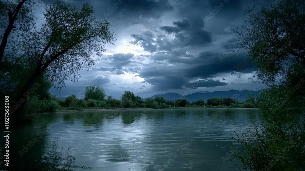 Serene Lakeside Landscape Under Dramatic Cloudy Sky Serene Lakeside Landscape Under Dramatic Cloudy Sky