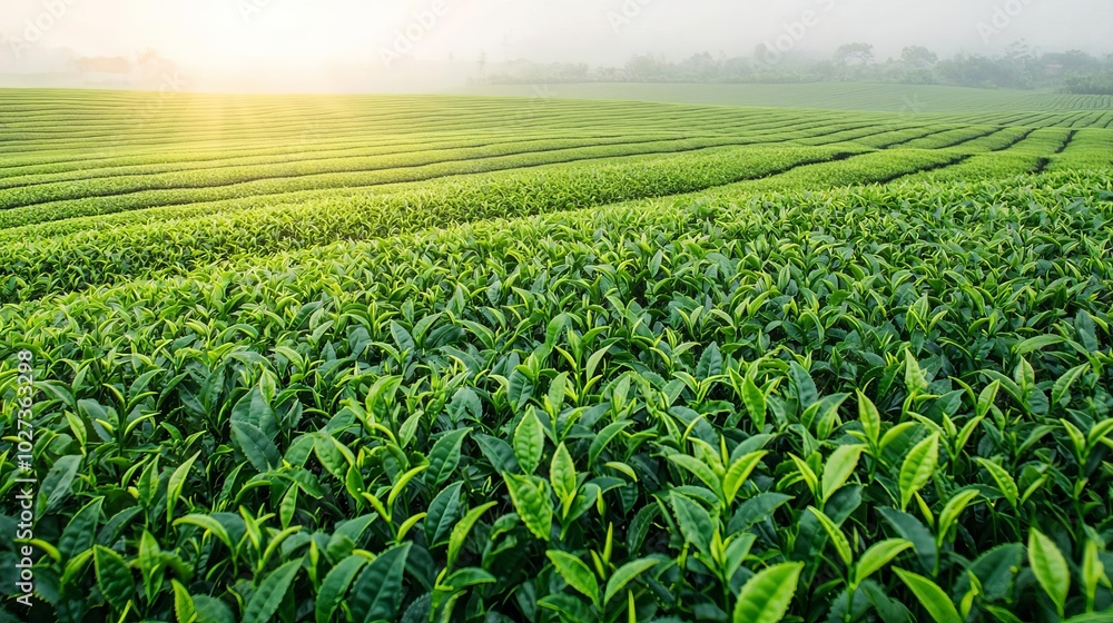 Lush green tea fields stretching into the distance, sunlight filtering through mist, delicate and tranquil scene, Artisanal green tea, Ecofriendly agriculture Lush green tea fields stretching into the distance, sunlight filtering through mist, delicate and tranquil scene, Artisanal green tea, Ecofriendly agriculture