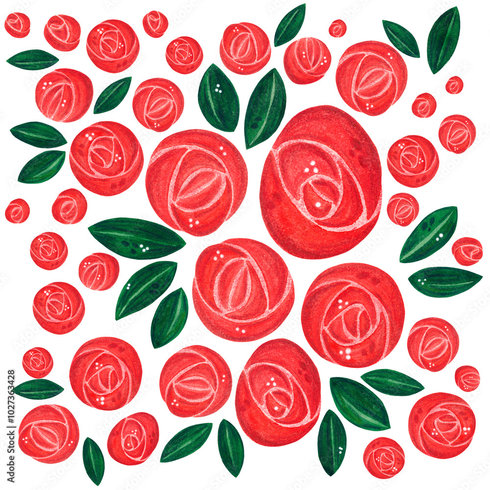 Watercolor set of red roses and leaves on a white background. The illustration is drawn by hand. Drawing for postcards, posters Watercolor set of red roses and leaves on a white background. The illustration is drawn by hand. Drawing for postcards, posters