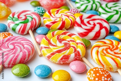 hyper realistic photo of  Colorful lollipops and different colored round candy.  , copy space, copy space for text,