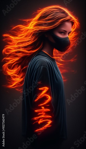 Woman with fiery glowing hair wearing a mask