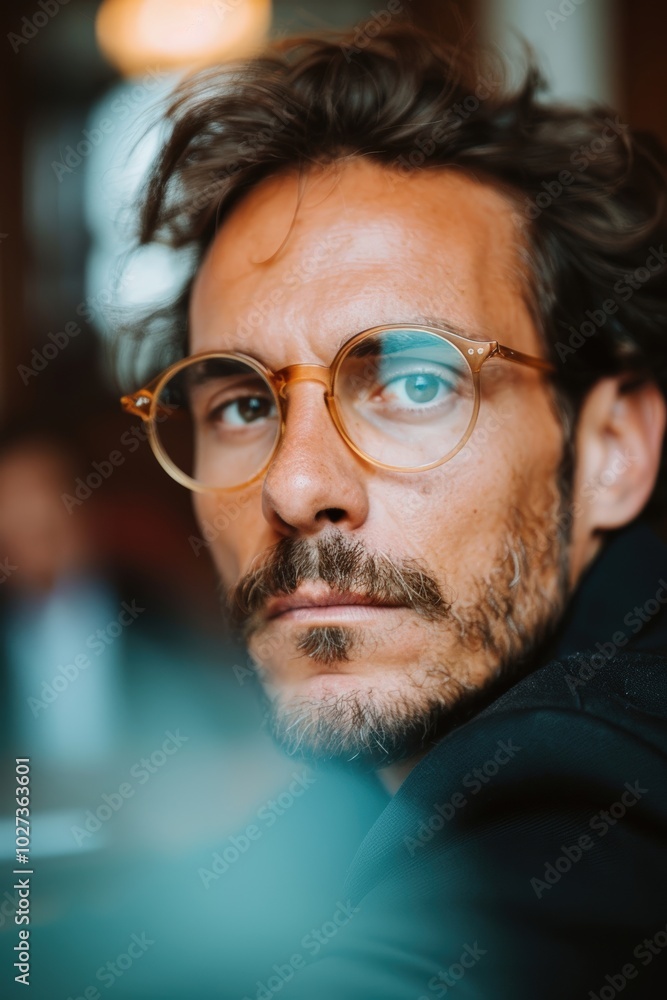 A man with stylish glasses gazes thoughtfully at the camera in a cozy indoor setting A man with stylish glasses gazes thoughtfully at the camera in a cozy indoor setting