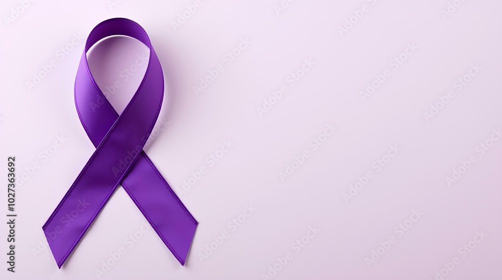 Purple ribbon on a soft purple background symbolizing support and awareness in the fight against cancer, disease. World Cancer Day concept Purple ribbon on a soft purple background symbolizing support and awareness in the fight against cancer, disease. World Cancer Day concept