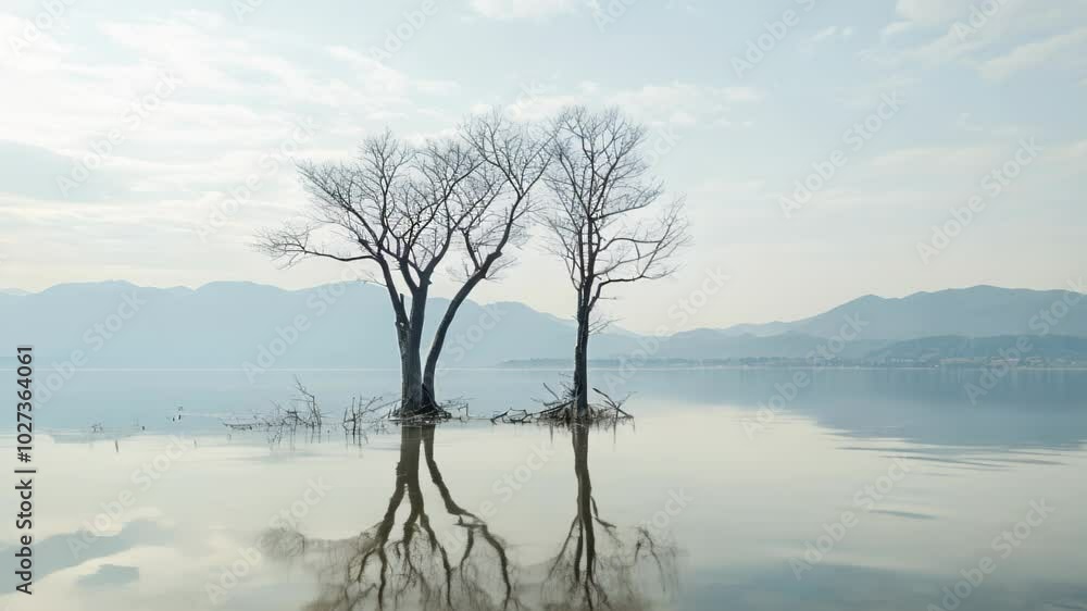 A serene landscape featuring two bare trees reflected in calm water, surrounded by mountains. A serene landscape featuring two bare trees reflected in calm water, surrounded by mountains.