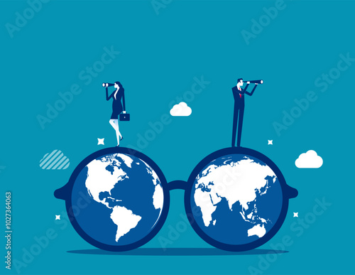 Global or world business vision, international business opportunity, searching for job, career or working abroad concept, businessman look through telescope on eyeglasses with world map.