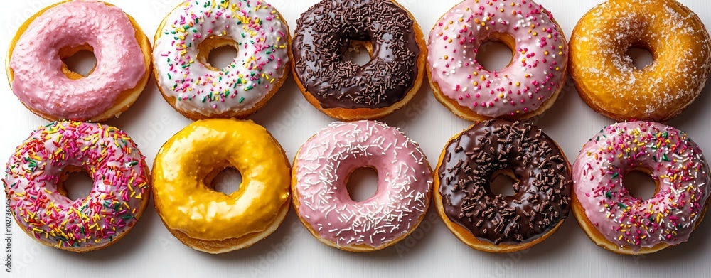 hyper realistic photo of Assorted donuts isolated on white , copy space, copy space for text, hyper realistic photo of Assorted donuts isolated on white , copy space, copy space for text,