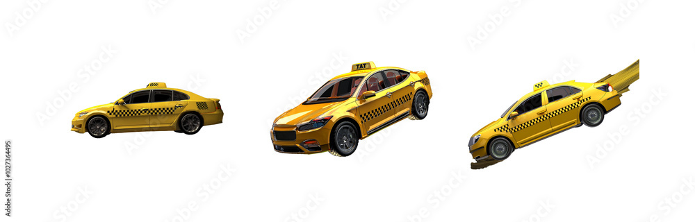 Three yellow taxi cabs shown with different angles and cropped against a white background. Three yellow taxi cabs shown with different angles and cropped against a white background.