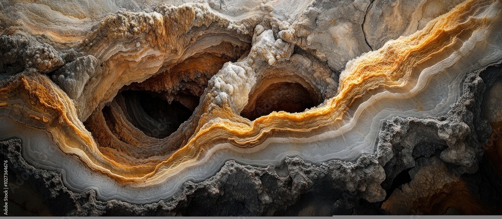 Close-up of a rock with layered patterns in yellow, white, and grey. Close-up of a rock with layered patterns in yellow, white, and grey.