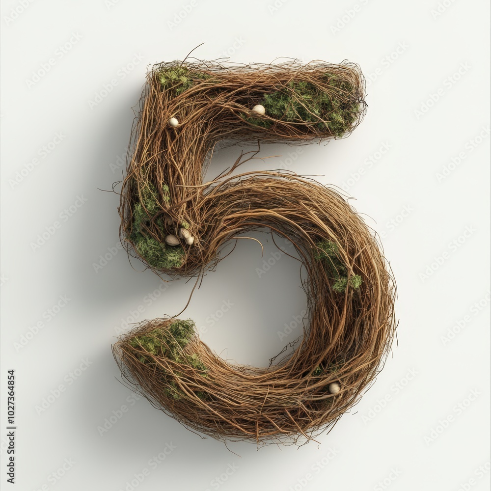 3D number 5 with nest texture realistic modern design, soft lighting, white background 3D number 5 with nest texture realistic modern design, soft lighting, white background