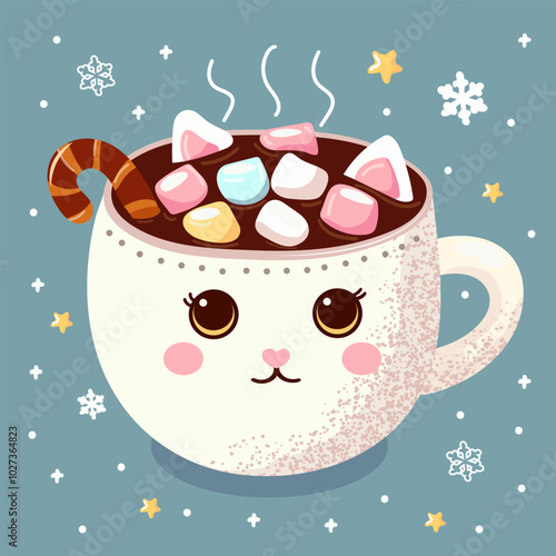 Mug of cocoa with marshmallows, cinnamon. Festive Christmas drink with sweets. Flat vector illustration