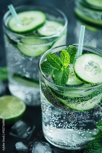 Refreshing cucumber mint drinks served in clear glasses on a dark countertop