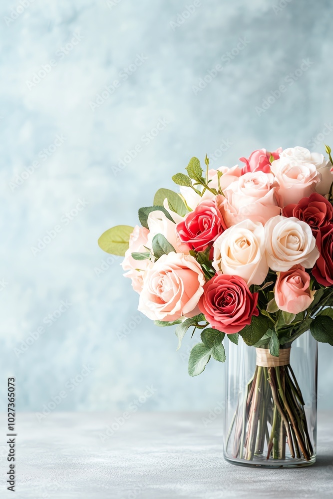 Obraz premium A beautiful bouquet of roses in soft pink and red hues, elegantly arranged in a clear glass vase against a light blue background.