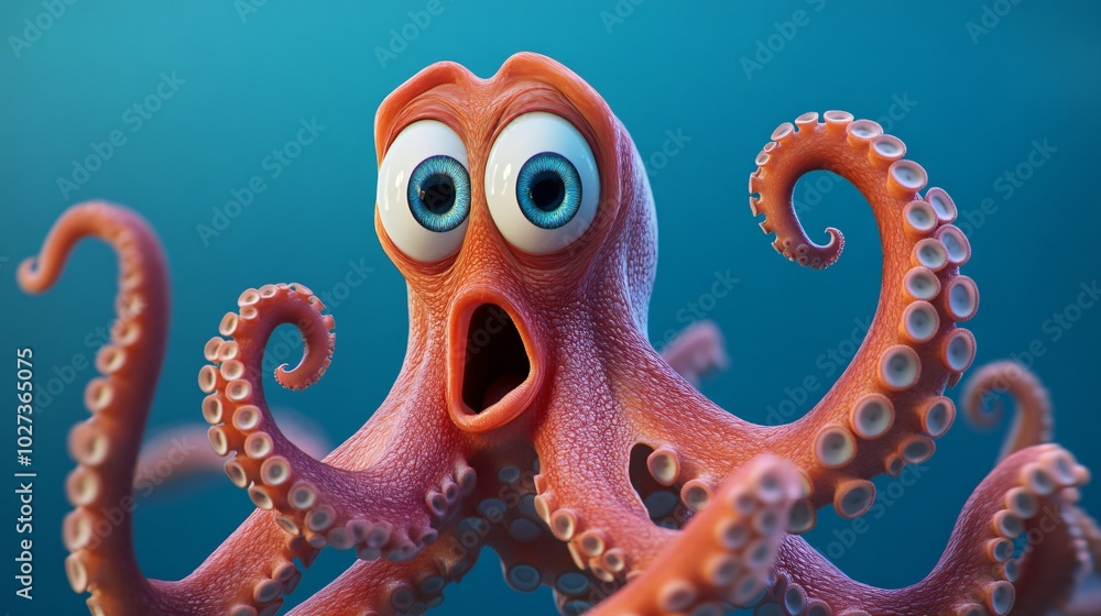 Obraz premium A cartoon octopus with big eyes and a shocked expression, against a blue background.