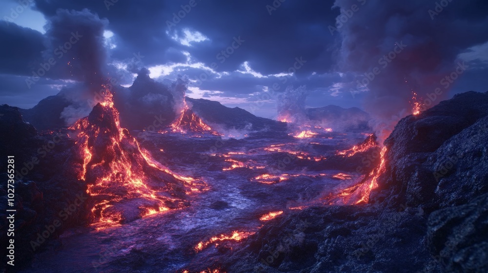 Fototapeta premium Dramatic Volcanic Eruption Landscape in Fiery Reds and Oranges