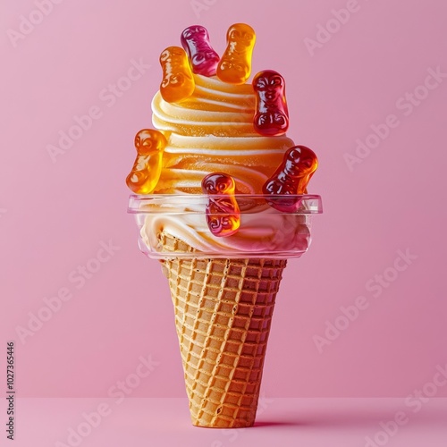 hyper realistic photo of  Ice cream cone with gummy candy on pastel pink background. Minimal food concept. Flat lay.  , copy space, copy space for text, photo