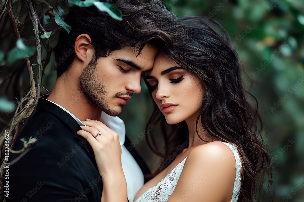 A romantic couple embracing in nature, exuding love and intimacy amidst lush greenery and soft light. A romantic couple embracing in nature, exuding love and intimacy amidst lush greenery and soft light.