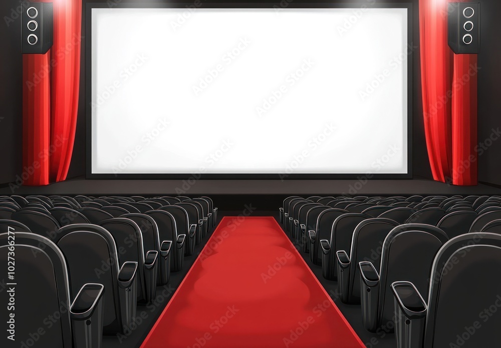 Fototapeta premium Empty movie theater with red carpet and large screen