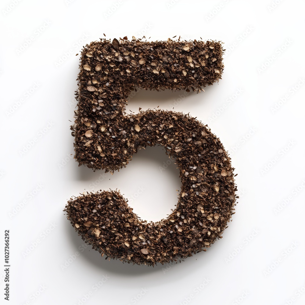 3D number 5 with soil texture realistic modern design, soft lighting, white background. 3D number 5 with soil texture realistic modern design, soft lighting, white background.