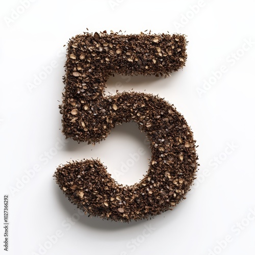 3D number 5 with soil texture realistic modern design, soft lighting, white background. 