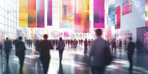 A blurred photograph of business people walking around an exhibition hall, with colorful banners and posters in the background.