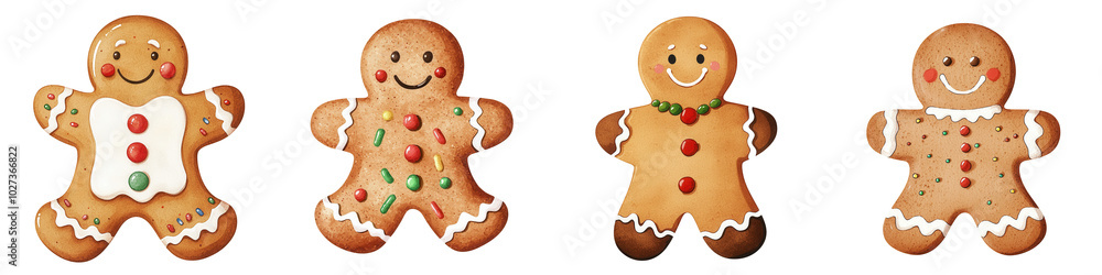 Gingerbread cookies, various shapes and decorations, white isolate background Gingerbread cookies, various shapes and decorations, white isolate background