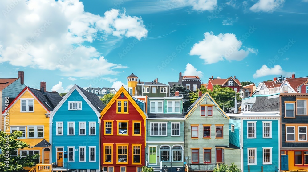 A row of colorful houses in a town, against a bright blue sky with white clouds. A row of colorful houses in a town, against a bright blue sky with white clouds.