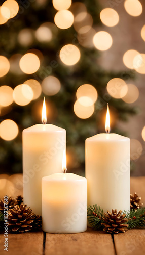 Christmas decoration with candles and blur bokeh light in the background 