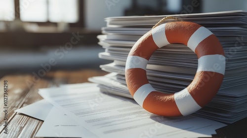 A symbolic life preserver ring placed next to a document stack, representing life and health insurance coverage