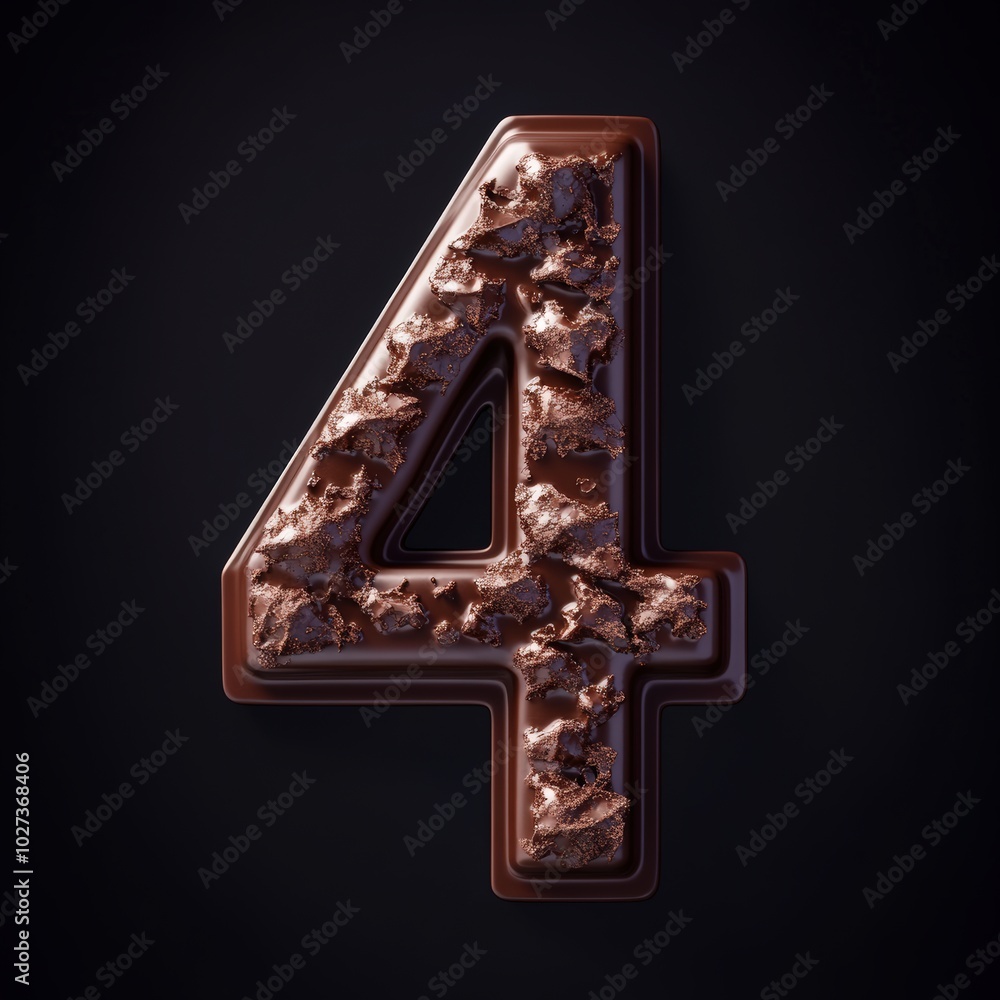 3D number 4 with chocolate texture realistic modern design, soft lighting, black background. 3D number 4 with chocolate texture realistic modern design, soft lighting, black background.