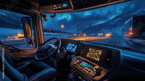 A truck cabin interior at night, with dashboard lights glowing and a GPS unit guiding the route