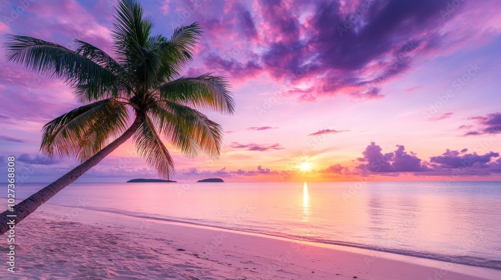 Fototapeta premium Palm Tree Silhouetted Against Pink Sunset Over Tropical Beach