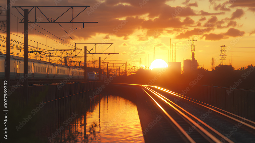 Highway runs parallel to a railway track, with a train passing by as the sun sets, captured in 8K resolution The scene is rendered with ultrarealistic detail and perfect focus Highway runs parallel to a railway track, with a train passing by as the sun sets, captured in 8K resolution The scene is rendered with ultrarealistic detail and perfect focus