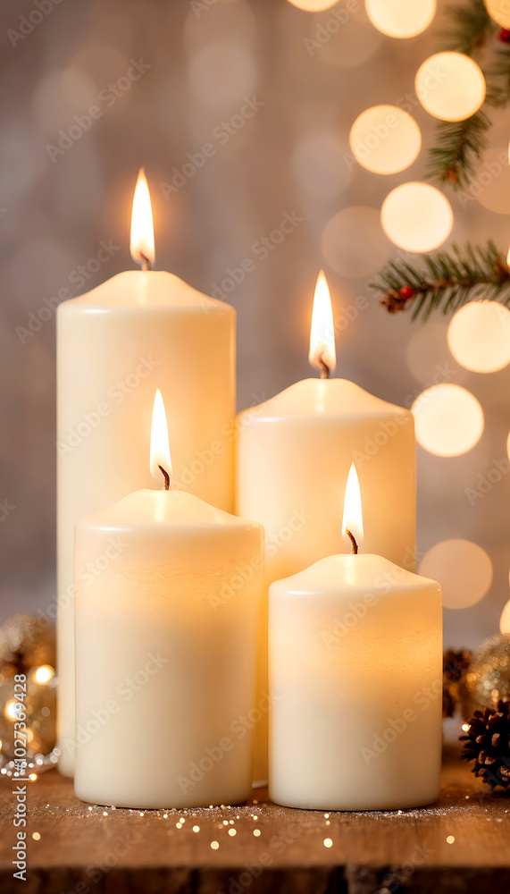 Christmas decoration with candles and blur bokeh light in the background Christmas decoration with candles and blur bokeh light in the background