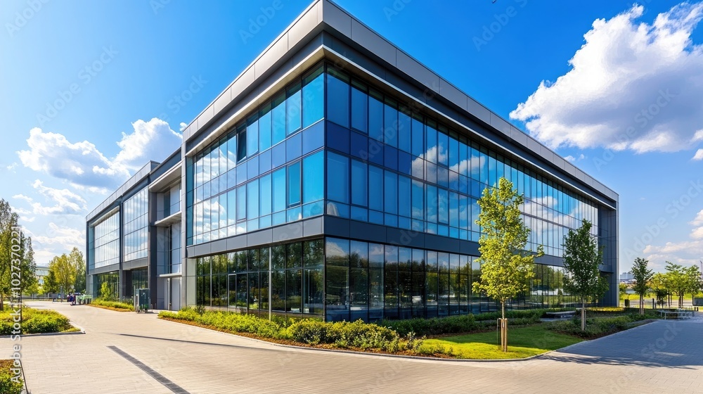Fototapeta premium Modern office building exterior with sleek lines and reflective windows.