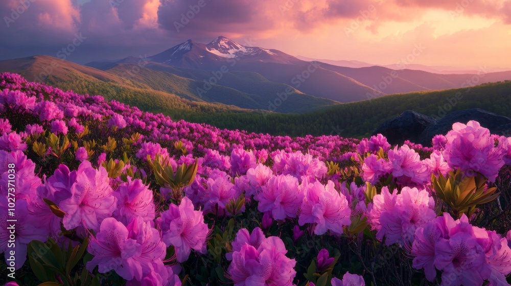 Pink Flowers Blooming in Front of a Mountain Range at Sunset Pink Flowers Blooming in Front of a Mountain Range at Sunset