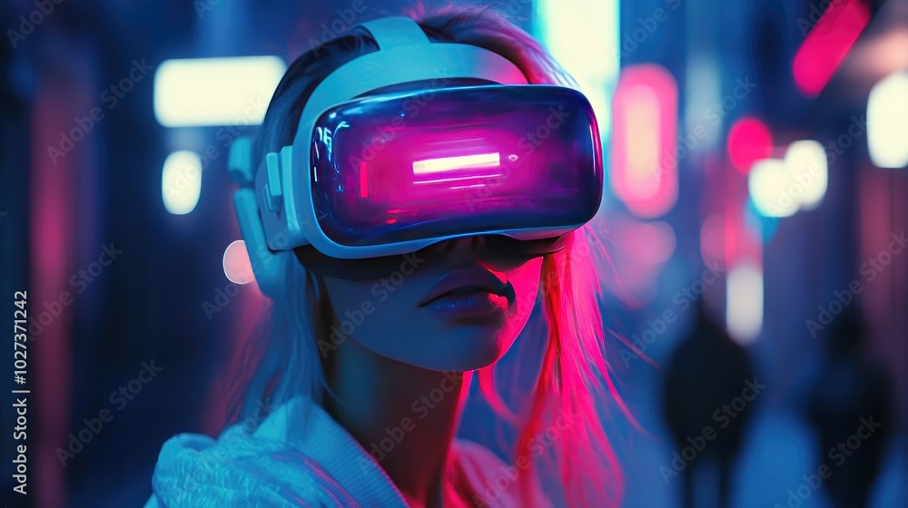 Woman wearing a virtual reality headset in a futuristic world Woman wearing a virtual reality headset in a futuristic world