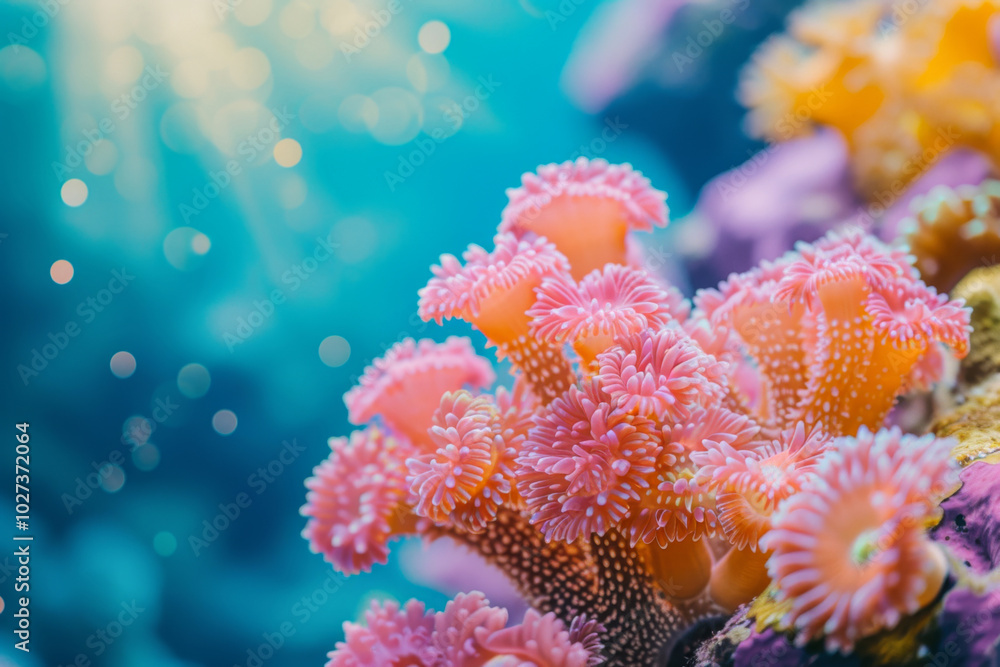 Vibrant Background with Coral Reefs with Pink and Orange Tentacles in a Tropical Underwater Scene Vibrant Background with Coral Reefs with Pink and Orange Tentacles in a Tropical Underwater Scene