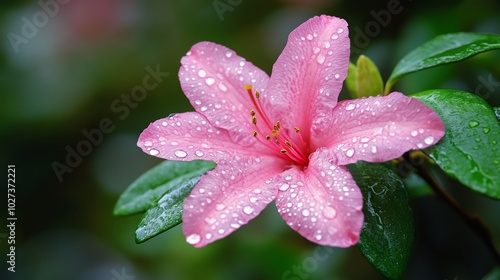 A Single Pink Flower with Dew Drops and Green Leaves
